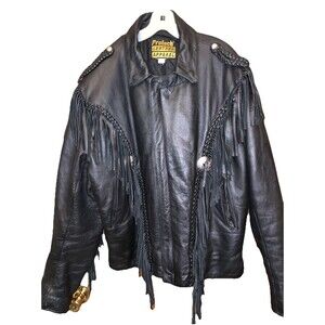 Protect Women’s Black Leather Jacket With Fringe And Silver Accents Sz 46 Zips